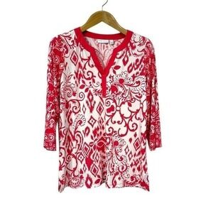 Susan‎ Graver Womens Pink Ikat Tunic 3/4 Sleeve Blouse L Bold Casual Vacation